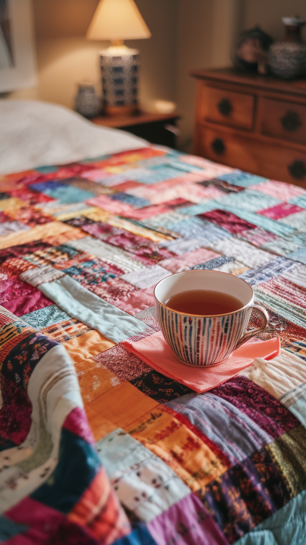 A colorful patchwork quilt on a bed with a cup of tea on a coaster