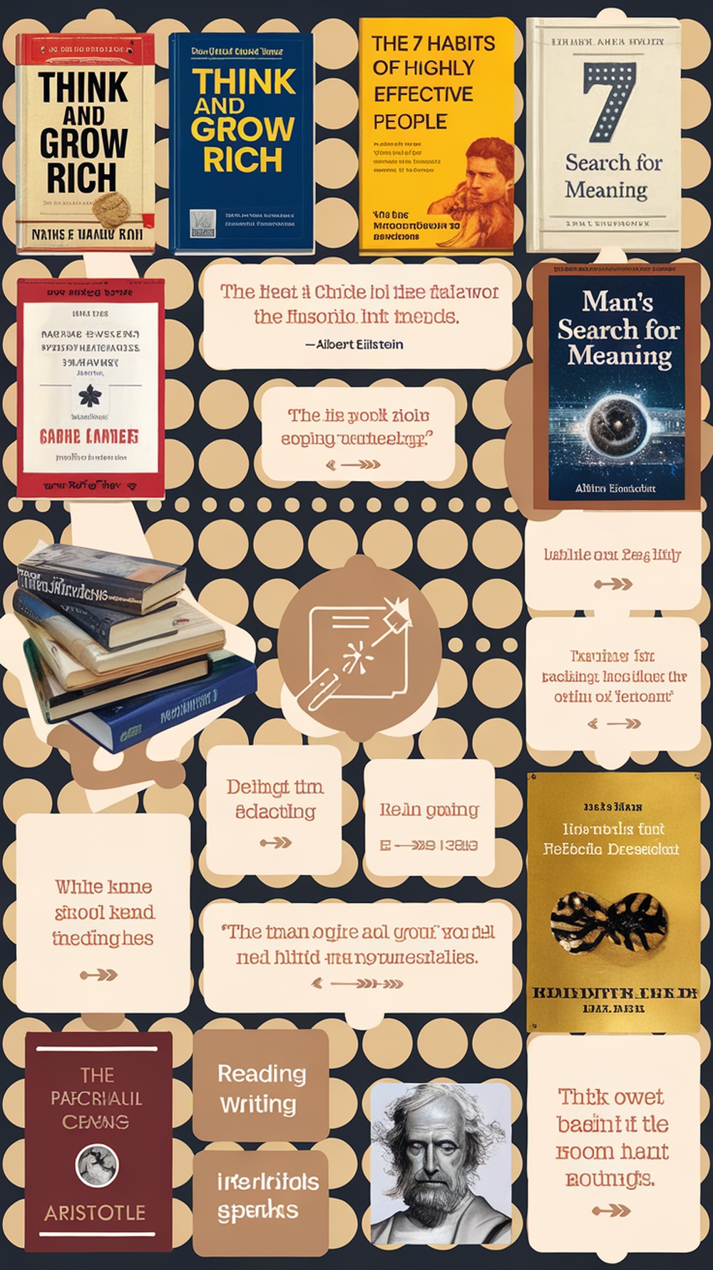 A collage of influential books related to personal growth and learning, featuring titles like 'Think and Grow Rich' and 'The 7 Habits of Highly Effective People'.