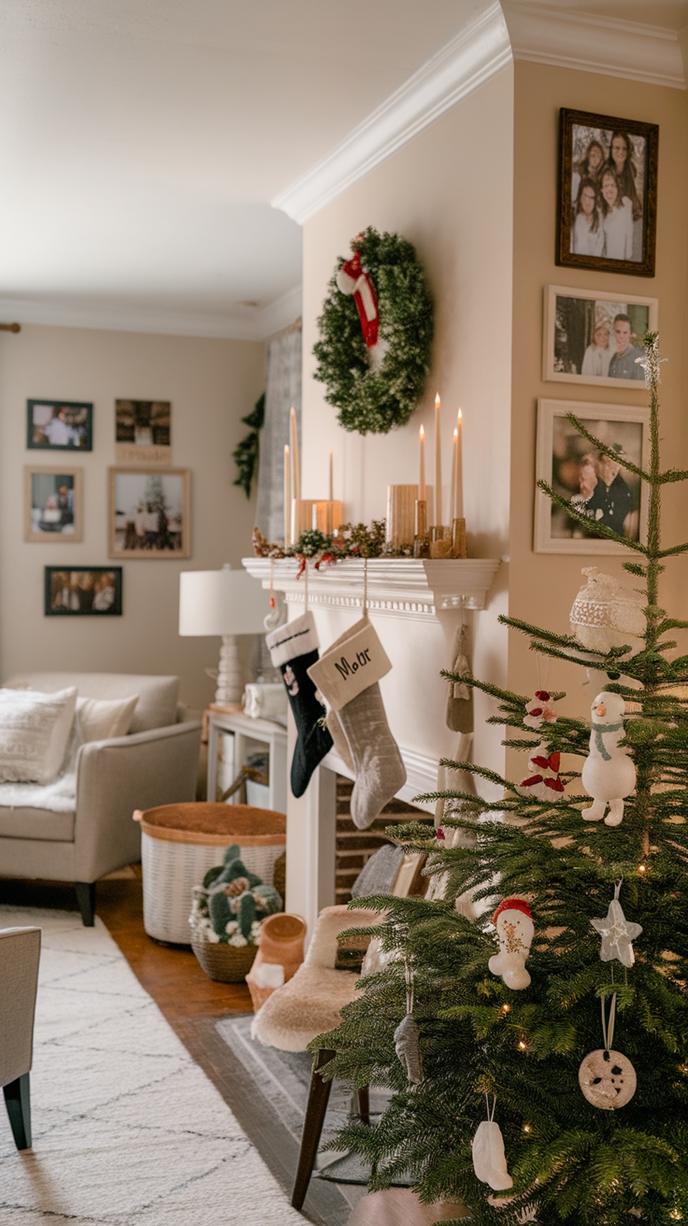 Cozy living room decorated for the holidays with a Christmas tree, stockings on the mantel, and family photos on the wall.
