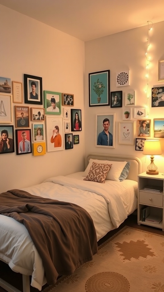 Cozy bedroom with personalized decor featuring a wall of framed photos and warm lighting.