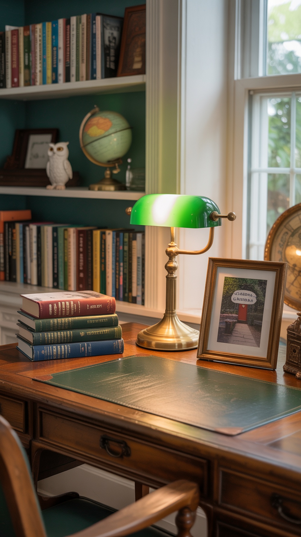 A stylish home office with a wooden desk, computer, framed photos, and plants.