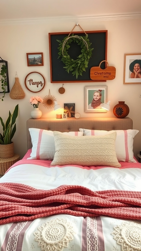Cozy bedroom with personalized decor including framed photos, a warm blanket, and plants.