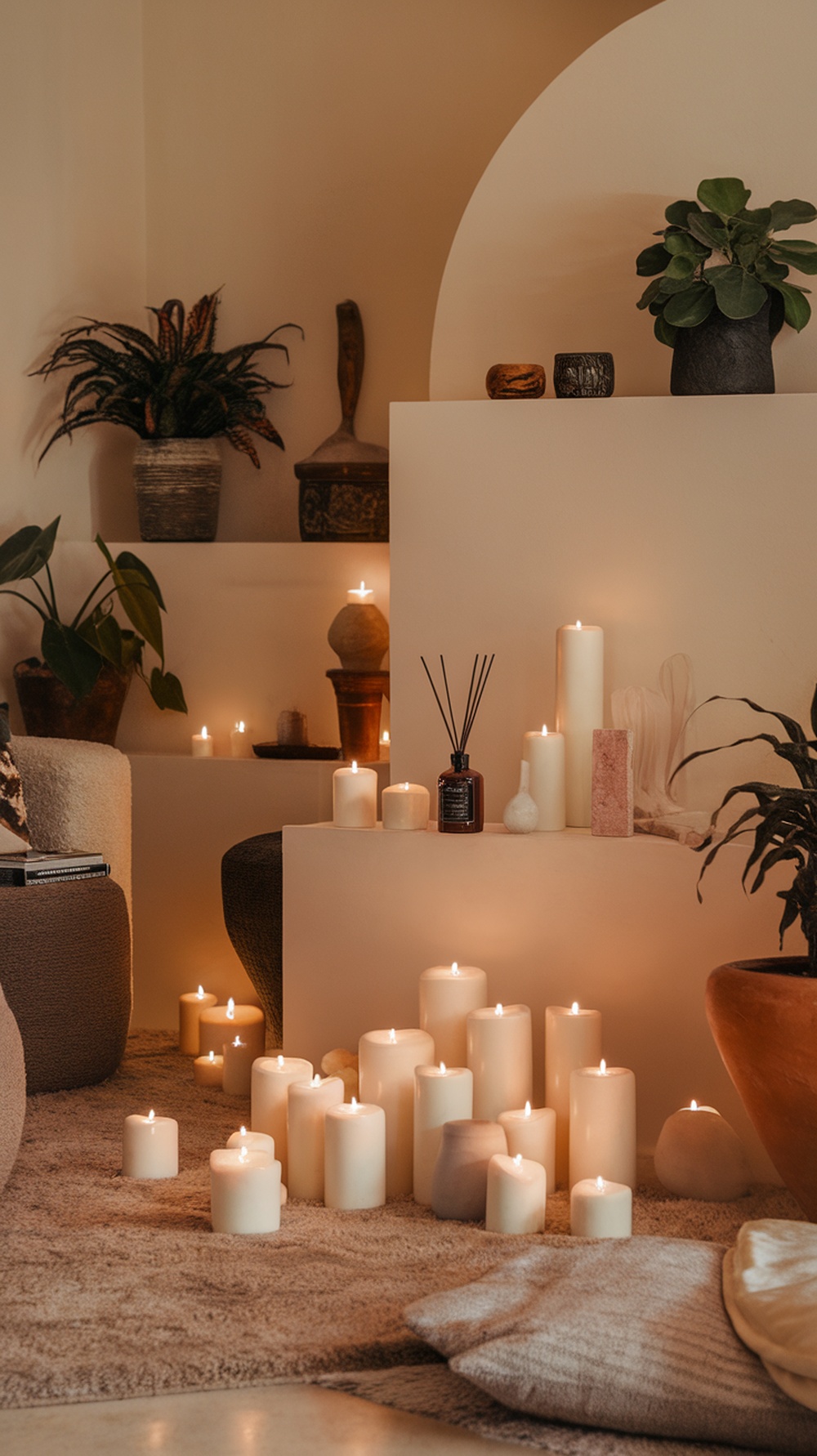 A cozy living space with various candles and a diffuser, creating a warm and inviting atmosphere.