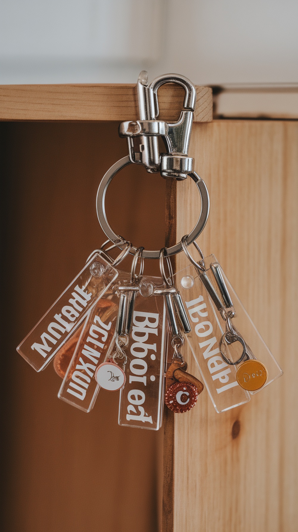 A collection of personalized resin keychains hanging on a wooden surface.