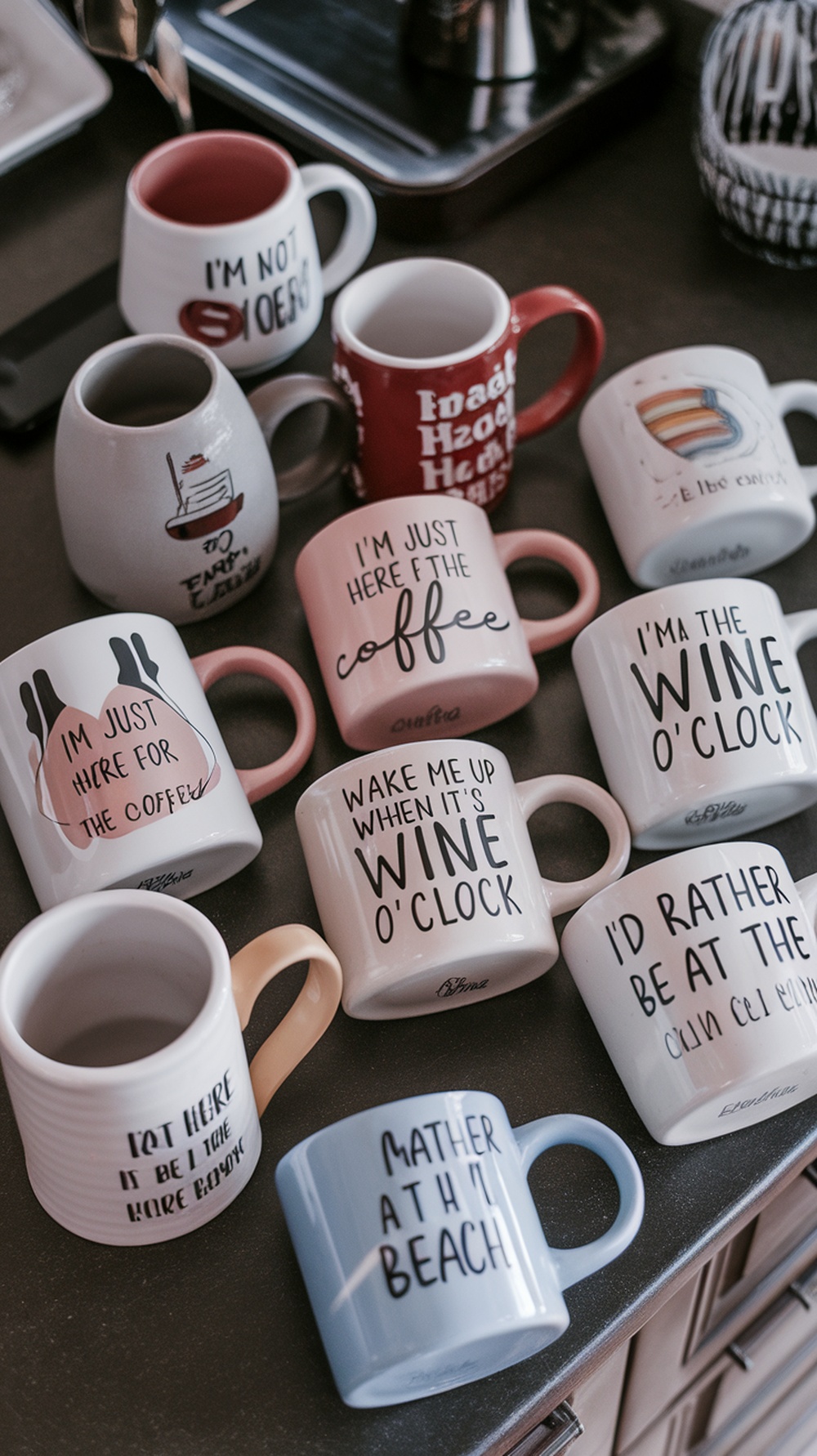 A collection of personalized mugs with various fun quotes displayed on a table.