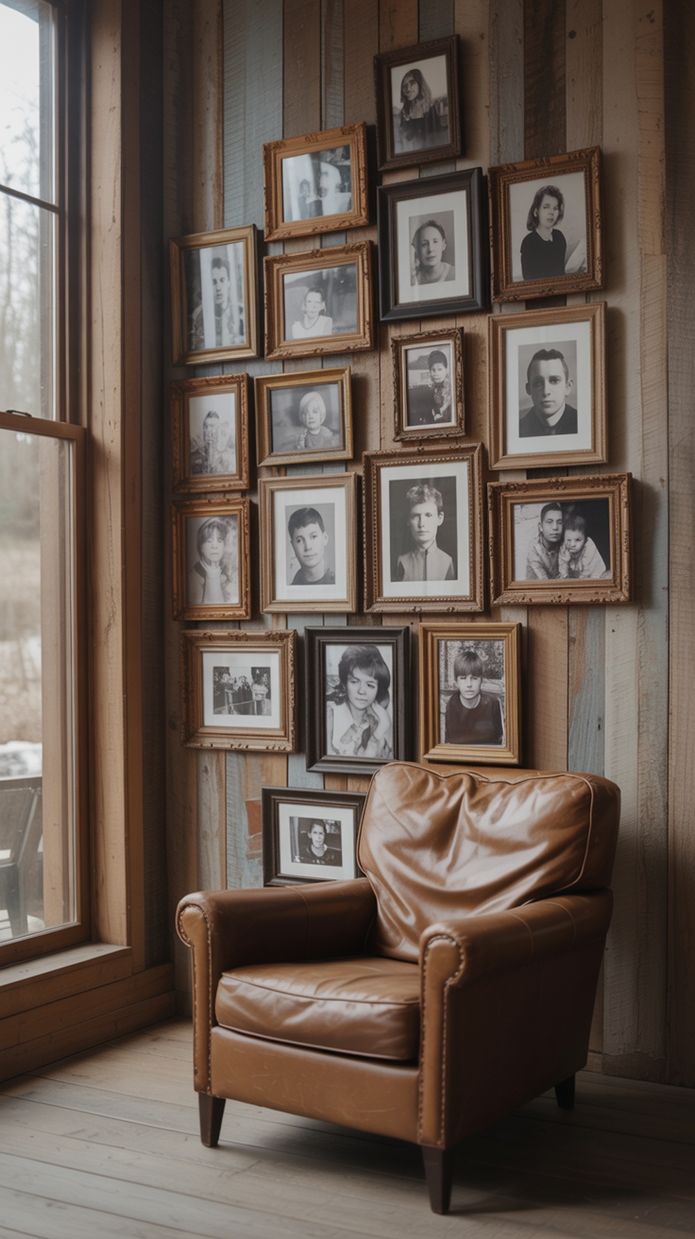 A wall display of various framed photographs arranged artistically on a wooden wall.