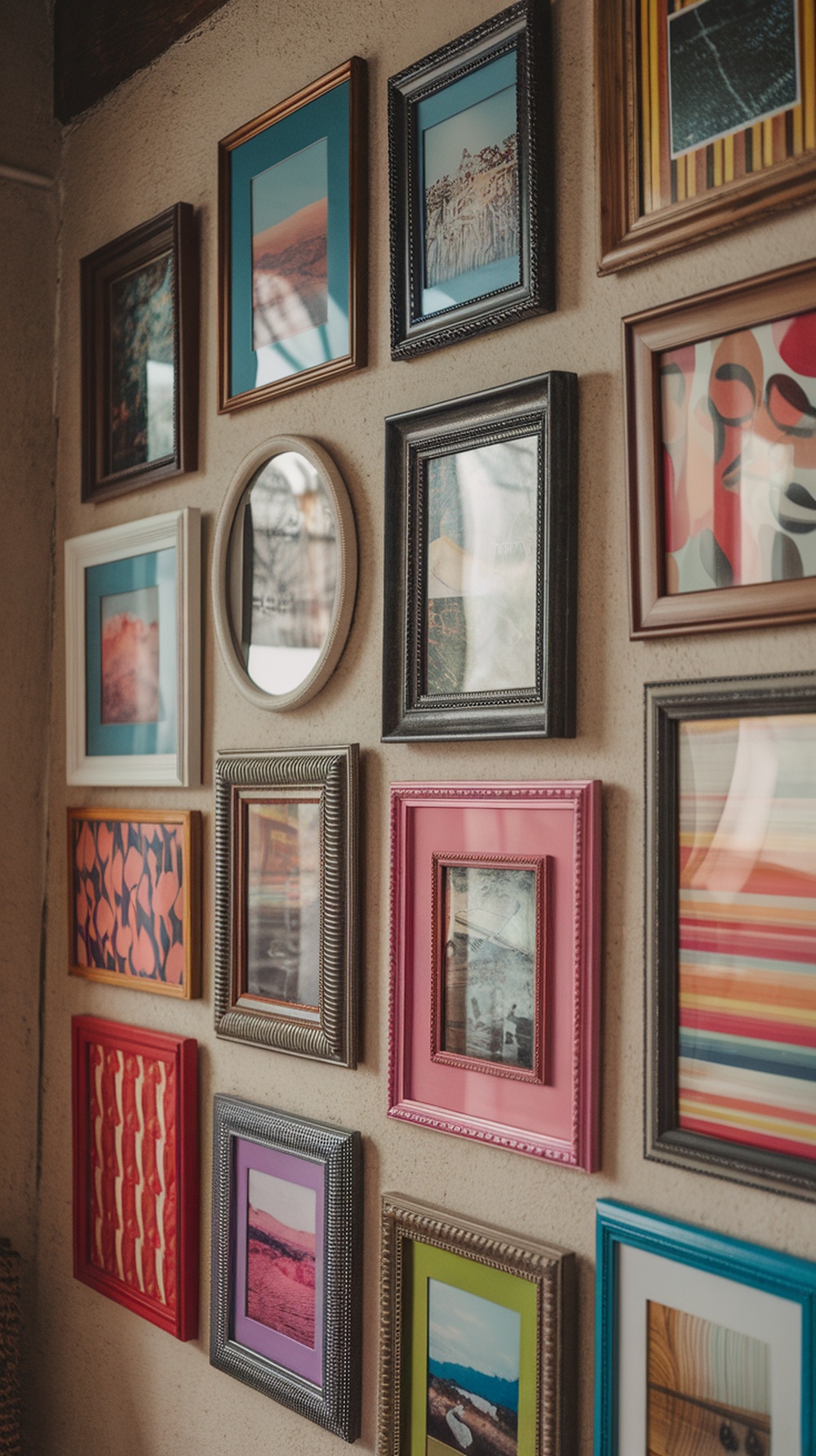 A wall with a variety of colorful framed photos and artwork.