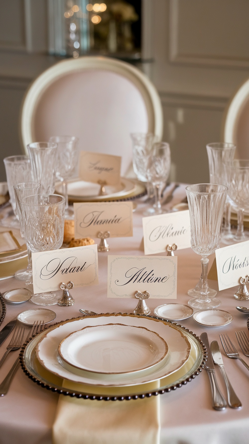 A beautifully set dining table with personalized place cards for each guest.