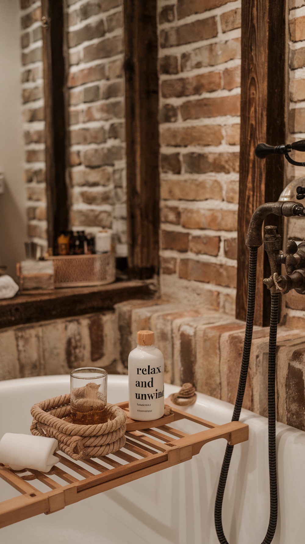 A cozy bathroom setup with a wooden bath tray, a bottle labeled 'relax and unwind,' and a glass on a rustic brick wall background.