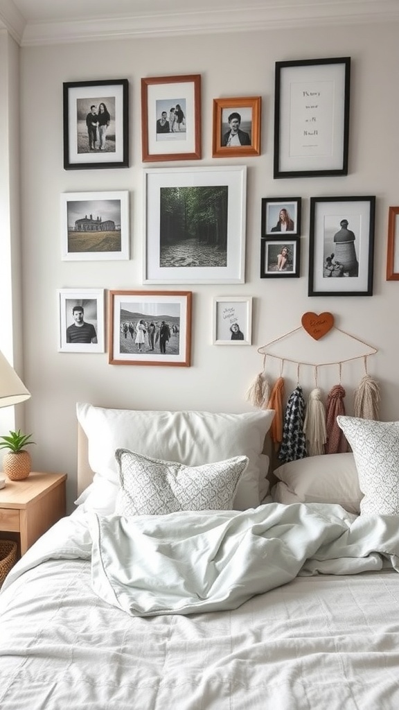 A cozy bedroom with a wall of framed photos and art, a neatly made bed with pillows and a light blanket, and a bedside table with a plant.