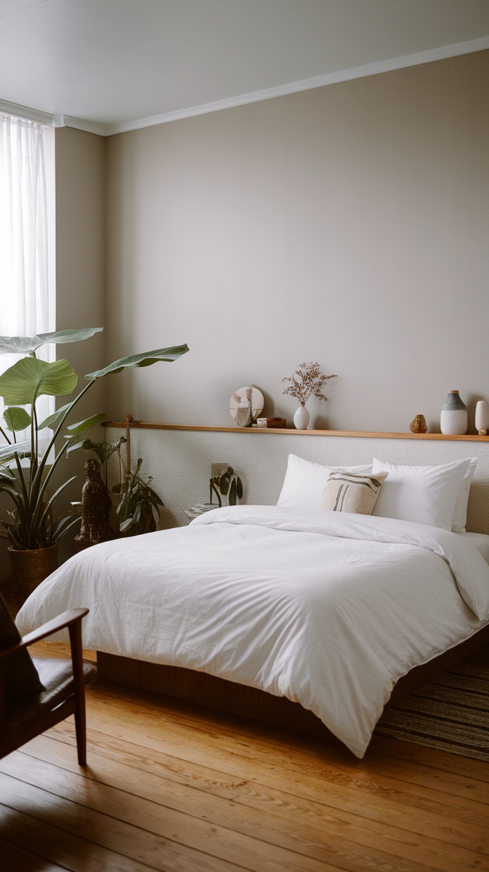 A calm Japandi bedroom featuring white bedding, wooden elements, and plants.