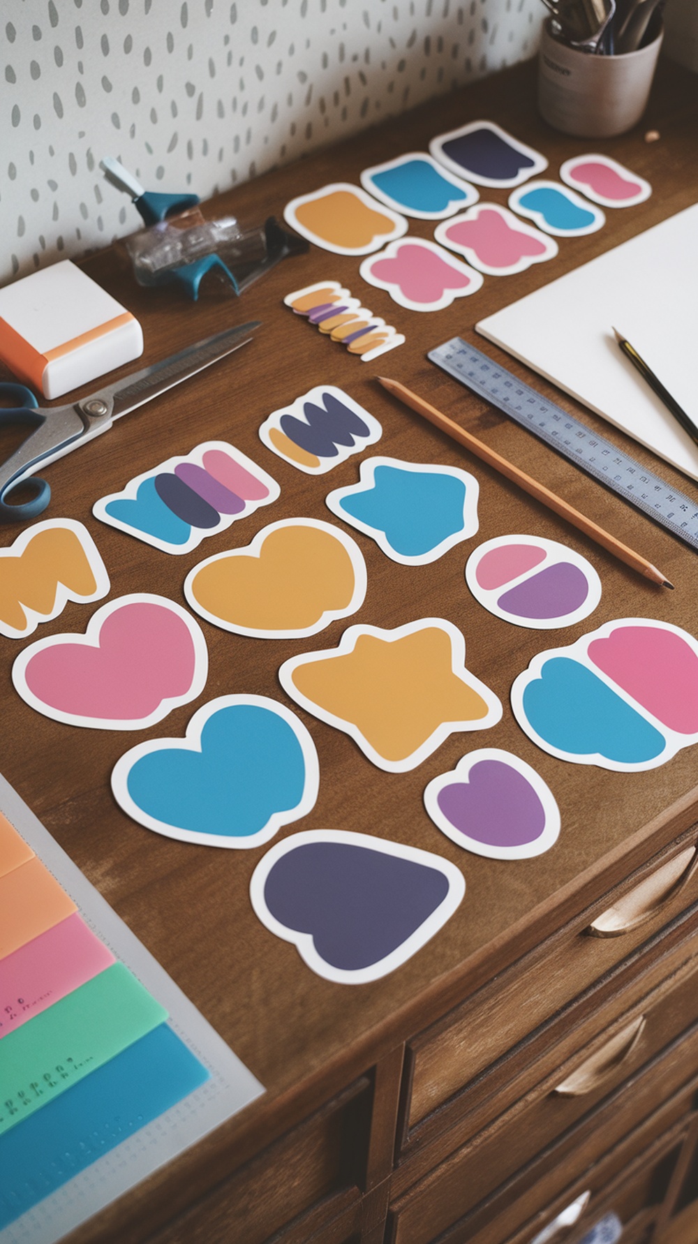 Colorful vinyl shapes and crafting tools on a wooden table