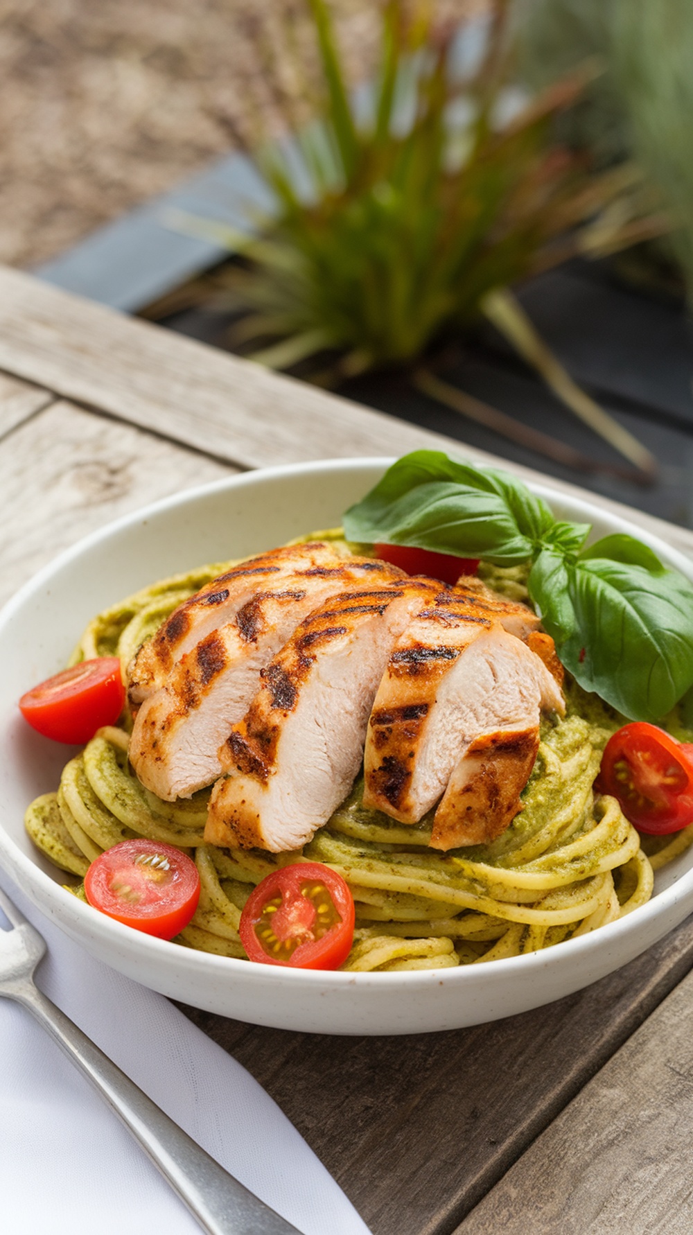 A bowl of pesto pasta topped with grilled chicken and cherry tomatoes, served on a wooden table.