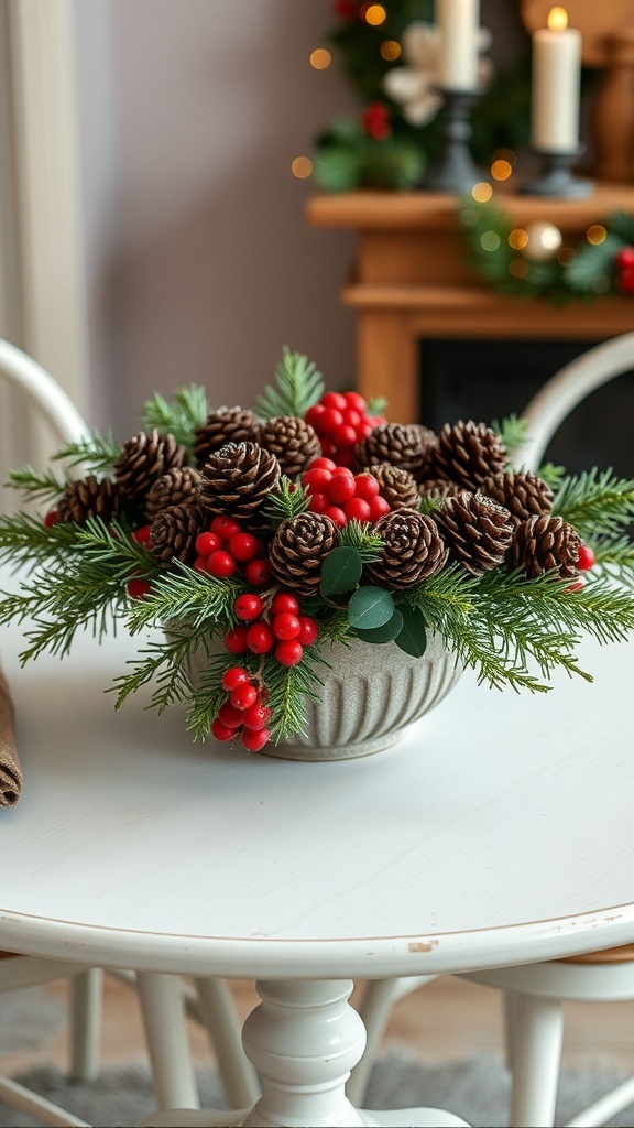 A festive centerpiece featuring pinecones, red berries, and greenery in a neutral bowl on a table.