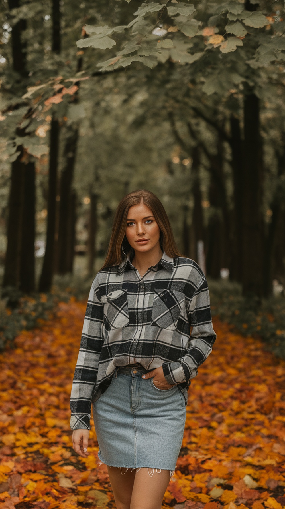 A plaid flannel shirt tied at the waist paired with a denim skirt, surrounded by autumn leaves.