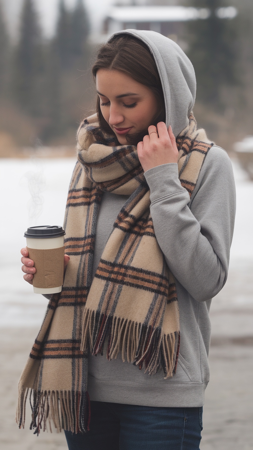 A person wearing a casual hoodie and a plaid scarf, holding a cup of coffee.