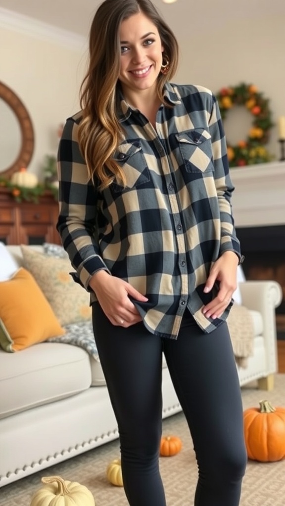 A woman wearing a red and black plaid shirt with black leggings, standing in a cozy living room.