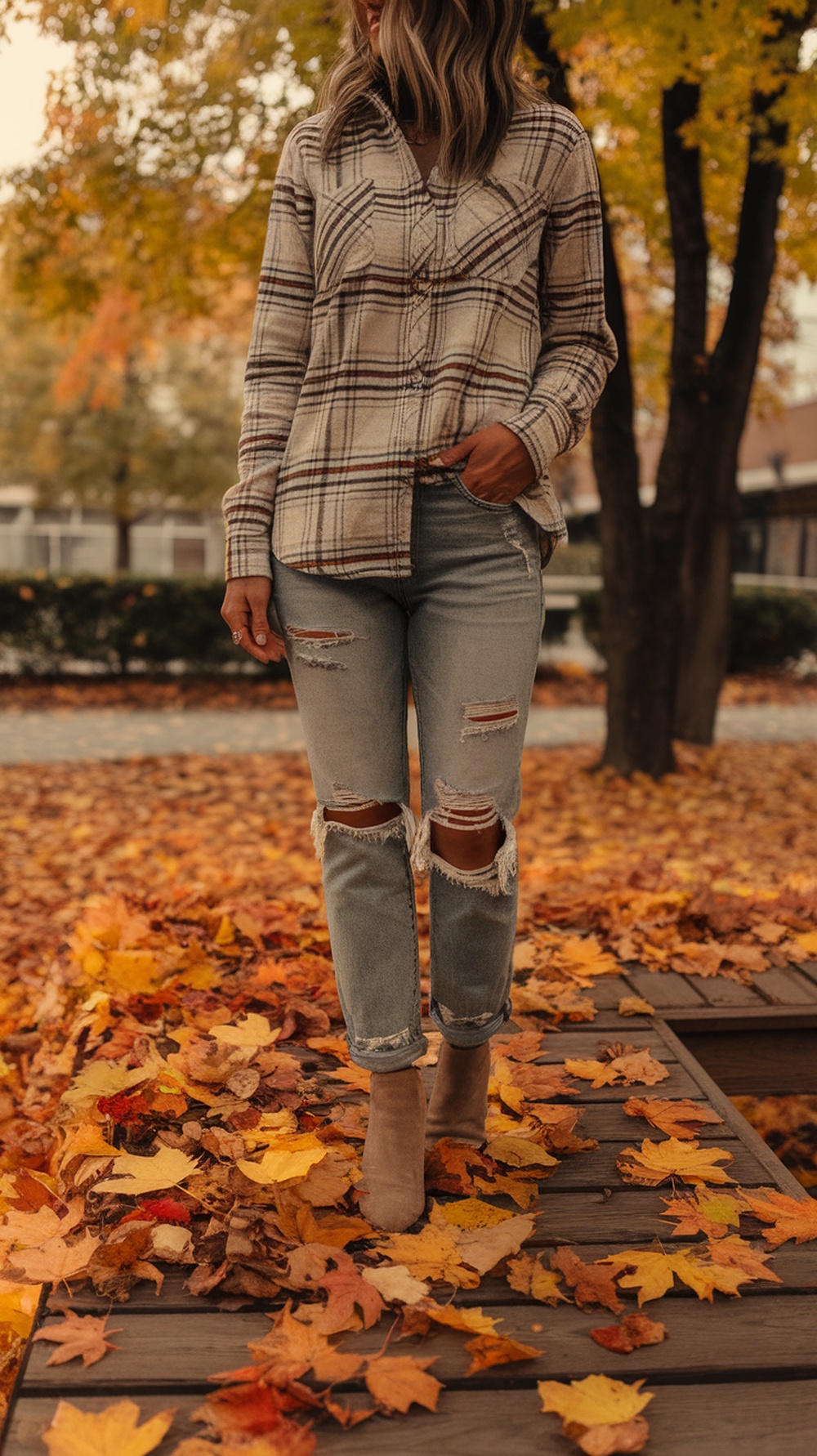 A plaid shirt laid over distressed jeans with autumn leaves