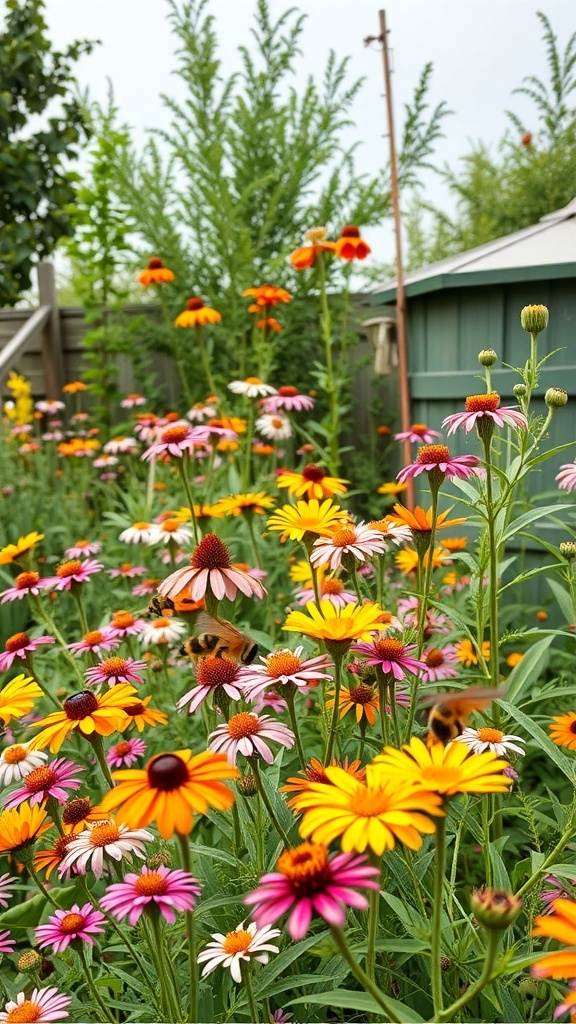 A colorful pollinator garden filled with various flowers attracting bees and butterflies.