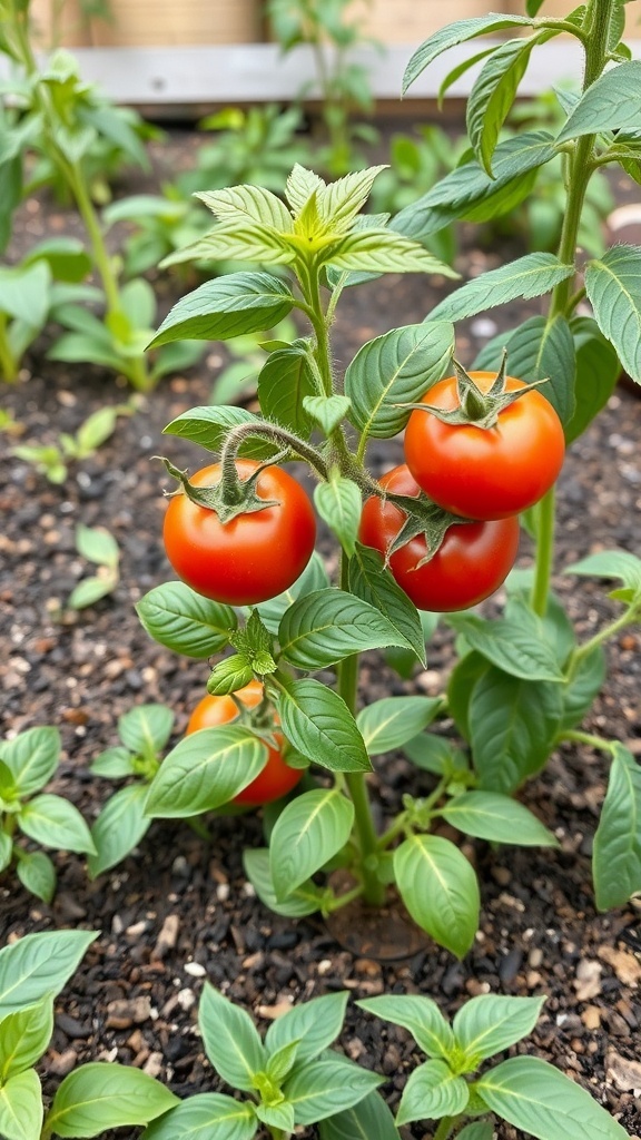 Tomato plants with ripe tomatoes and basil growing together in a garden.