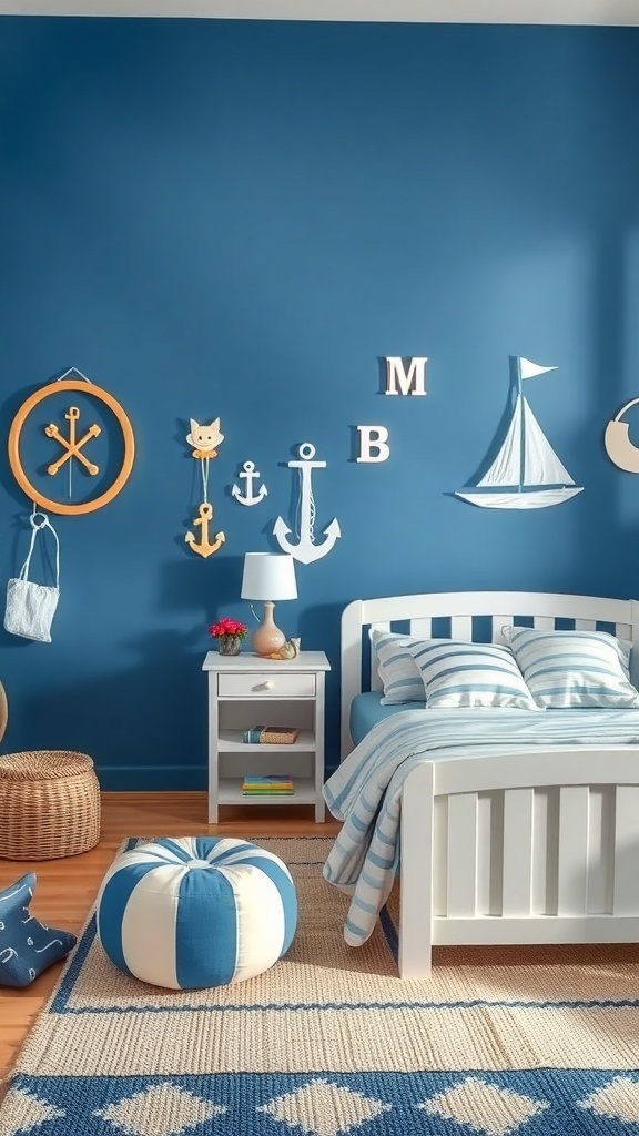 A playful blue and white nautical themed bedroom with blue walls, nautical decor, and white furniture.