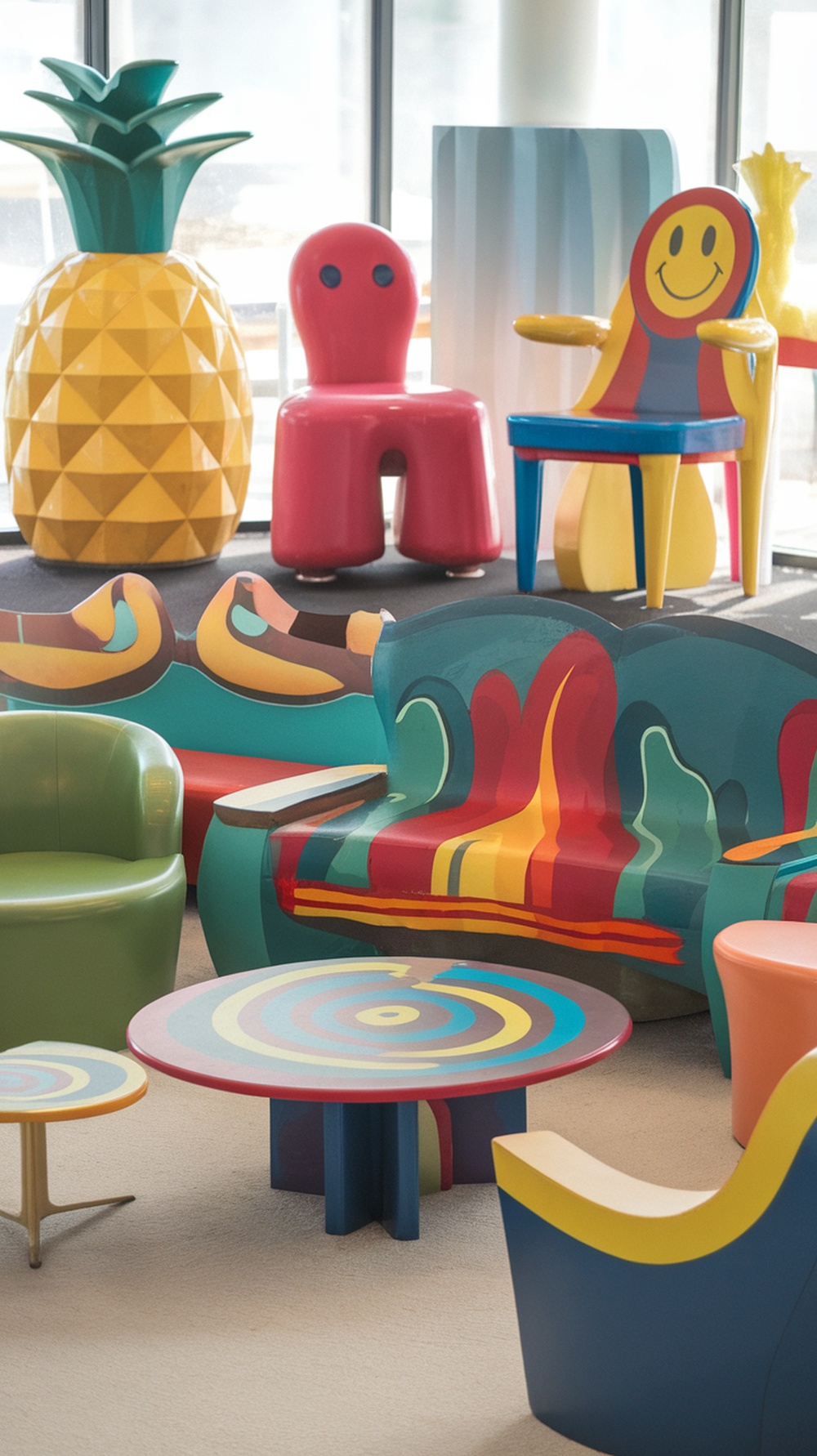 A colorful assortment of playful furniture including a pineapple table, vibrant chairs, and a rainbow sofa.