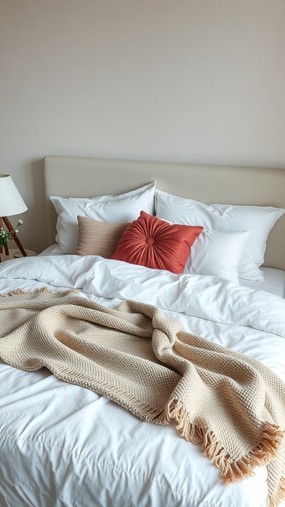 A cozy bed with plush white bedding, colorful pillows, and a soft throw blanket.