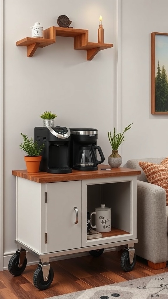 A portable coffee station on wheels featuring a coffee maker, kettle, and decorative plants.