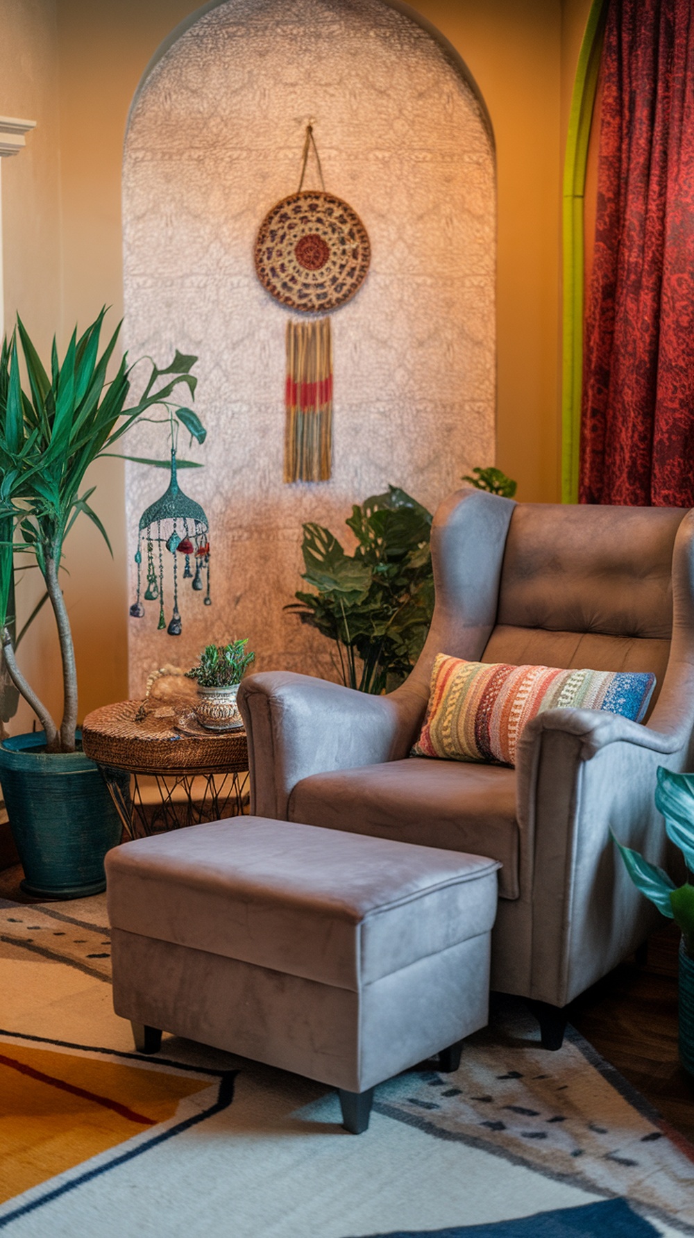 A cozy corner featuring a plush armchair, colorful pillow, plants, and decorative wall art.