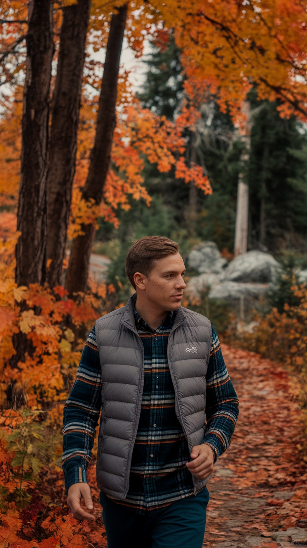 A man wearing a gray puffer vest over a plaid shirt, walking on a path surrounded by colorful autumn leaves.