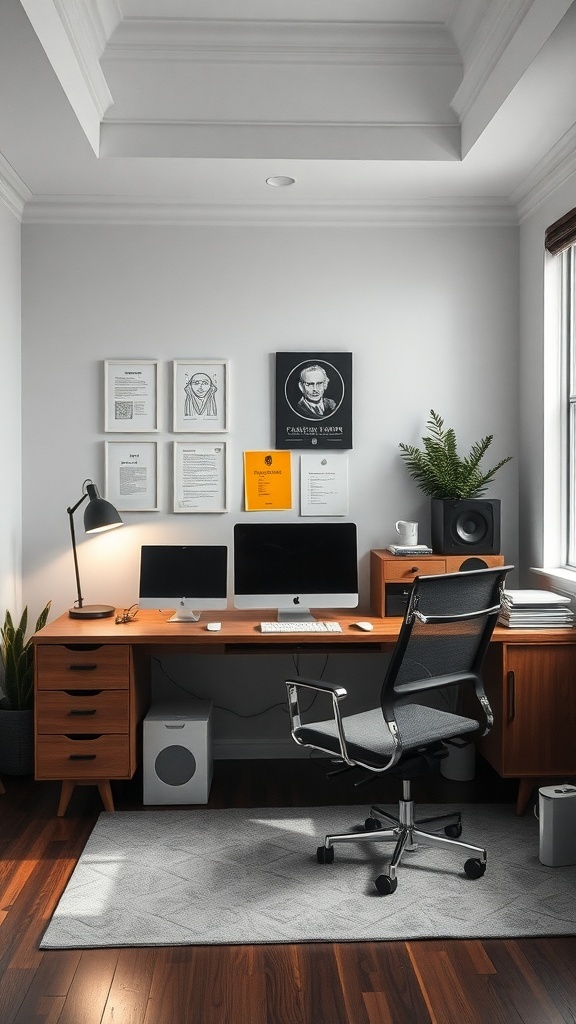 A modern home office with a spacious desk, multiple monitors, and a comfortable chair, featuring a plant and framed artwork.