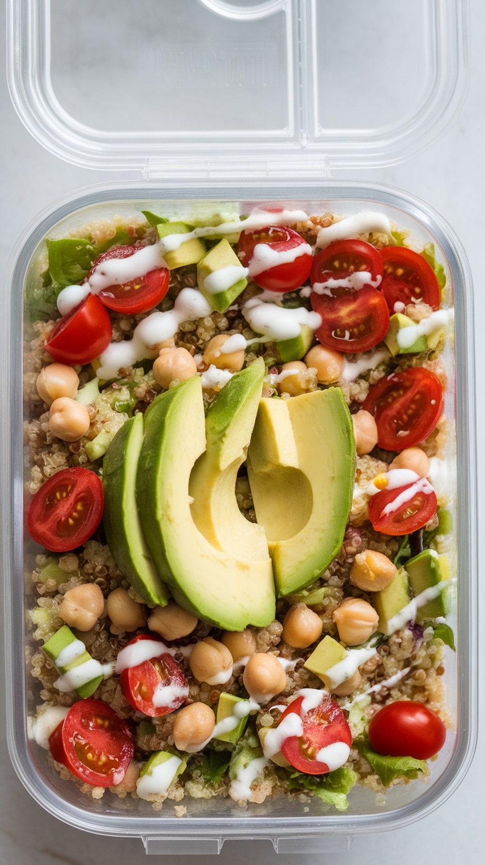 A colorful quinoa salad with chickpeas, avocado, cherry tomatoes, and green peppers in a clear lunch container.