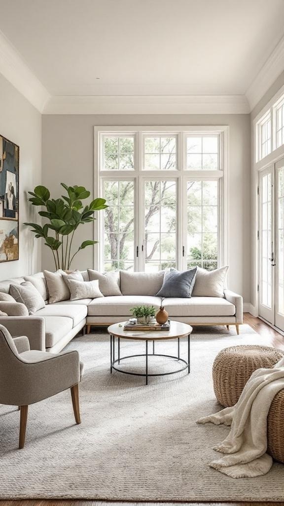 A cozy living room with a large window, plants, and comfortable seating.