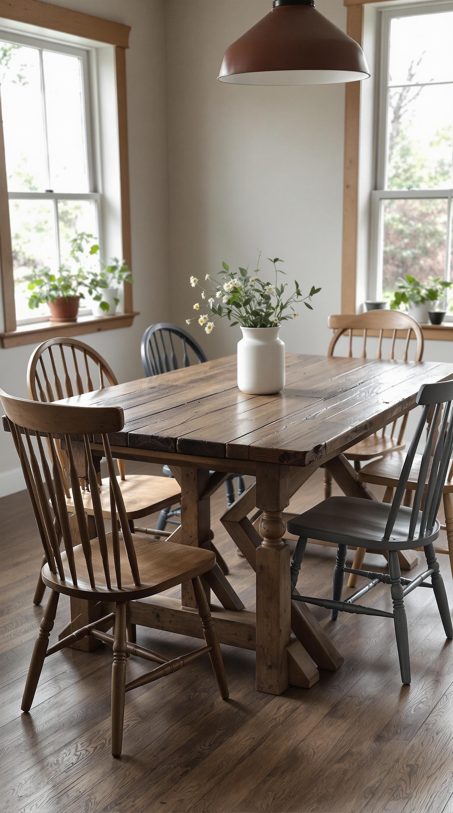 A rustic reclaimed wood dining table surrounded by wooden chairs in a bright room with plants.