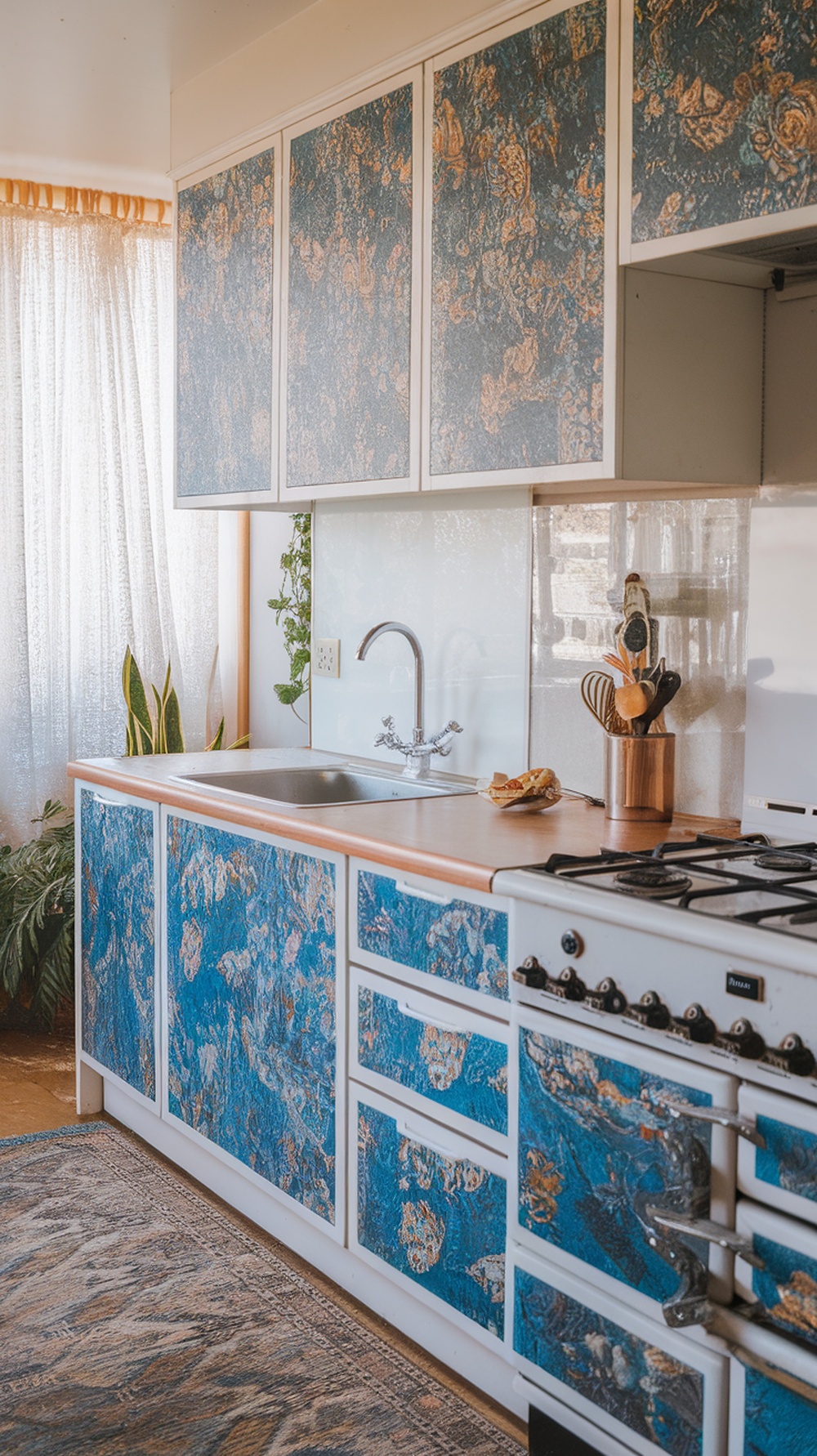 A kitchen with beautifully patterned contact paper on the cabinets, showcasing a vibrant design.
