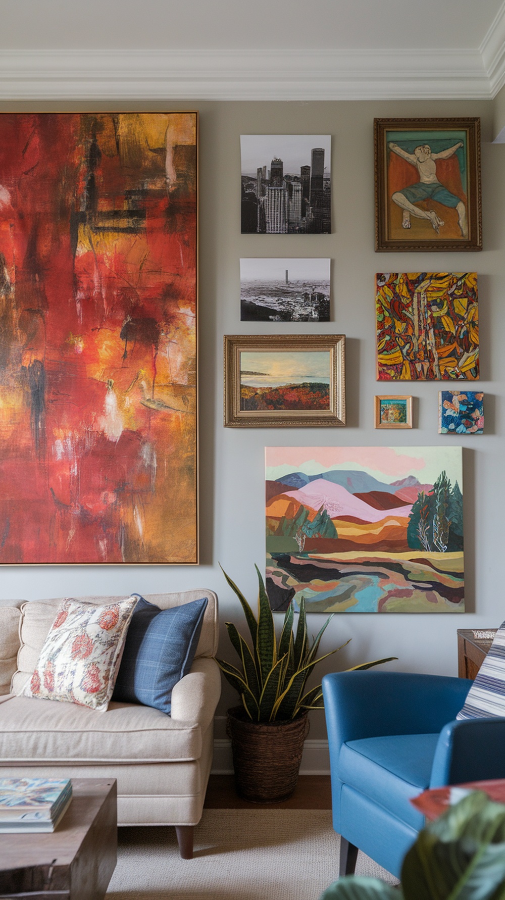 A cozy living room wall featuring a mix of colorful and black-and-white wall art, with a large abstract painting and various framed pieces.