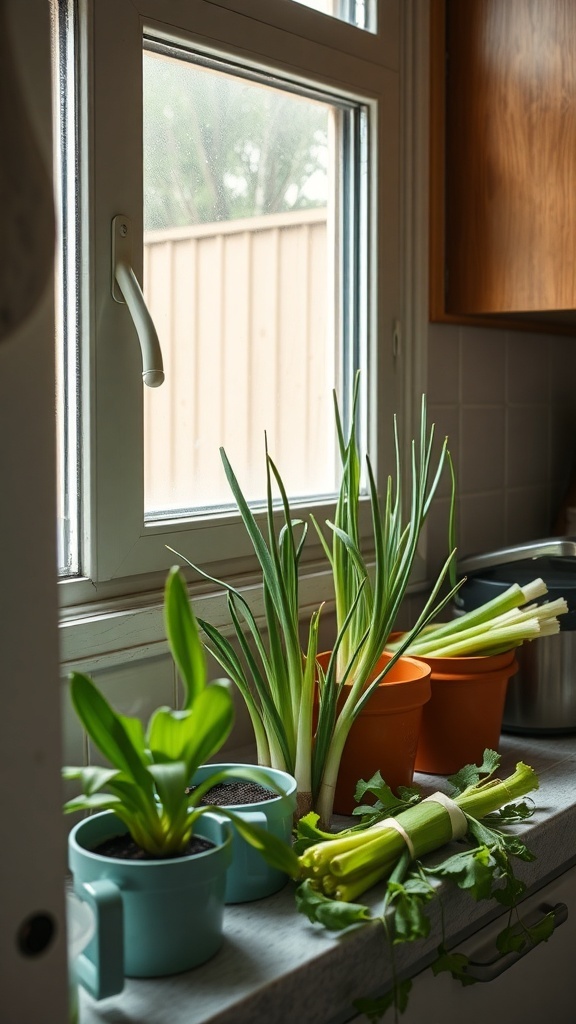 A kitchen windowsill with vegetable scraps like green onions and celery in pots, ready for regrowing.