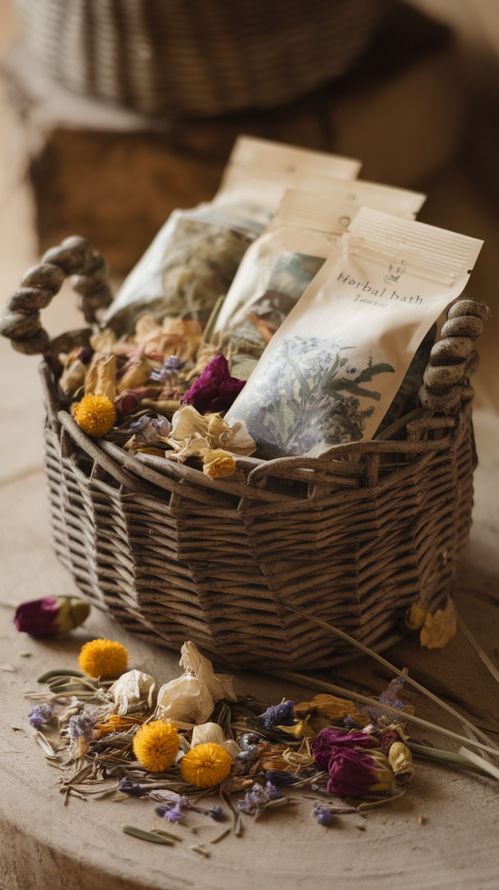 A basket filled with herbal bath tea bags and dried flowers.