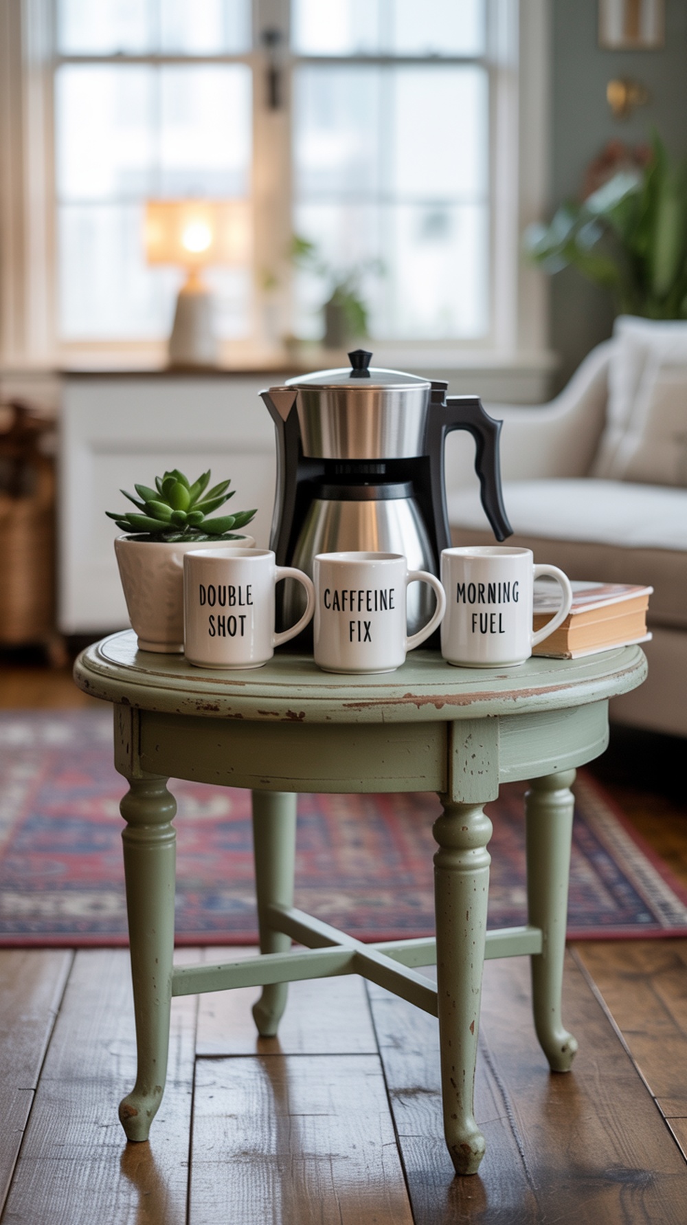 A small repurposed table serving as a coffee station with a coffee maker, mugs, and a basket.