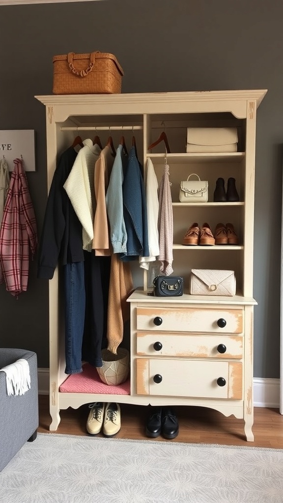 A repurposed wardrobe with hanging clothes and shoes, showcasing creative closet storage.