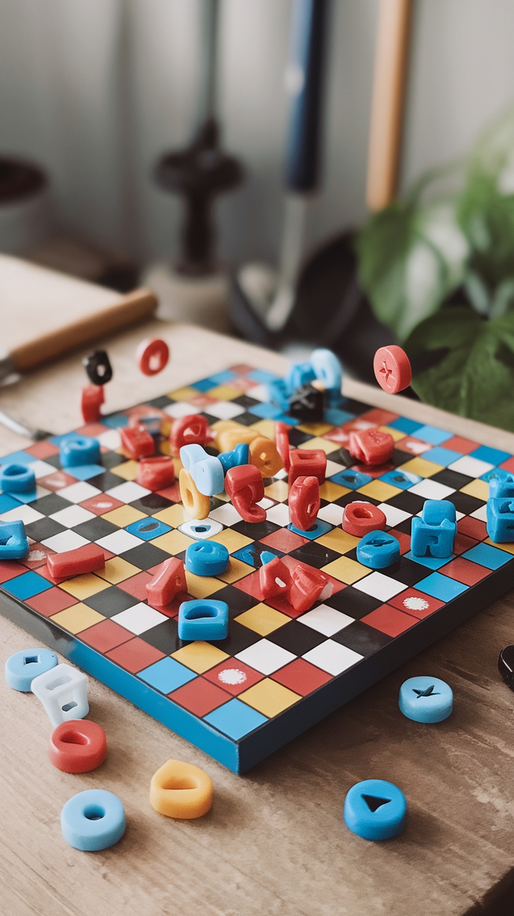 Colorful game board with scattered game pieces in various shapes and colors.