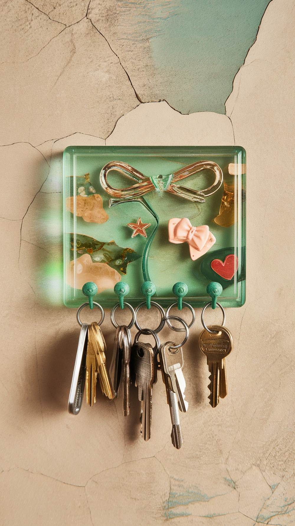 A resin-embedded key holder with colorful decorations and keys hanging from it.