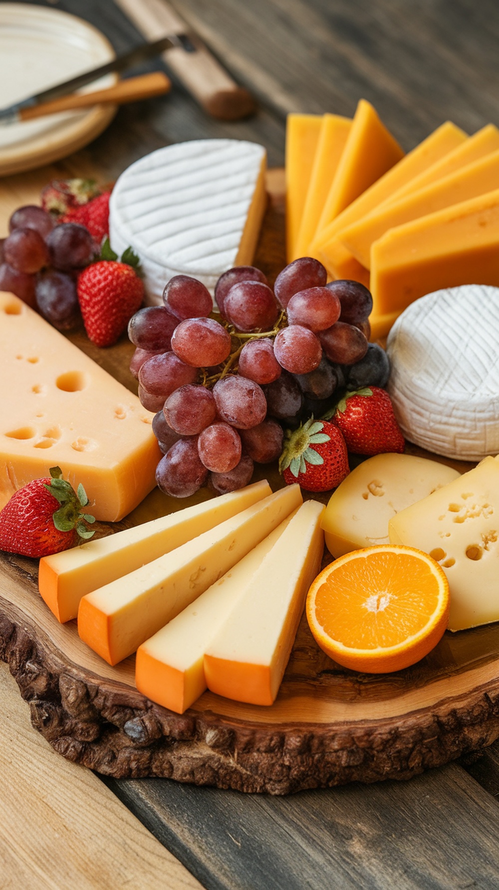 A beautifully arranged serving board with various cheeses, grapes, strawberries, and an orange on a wooden surface.