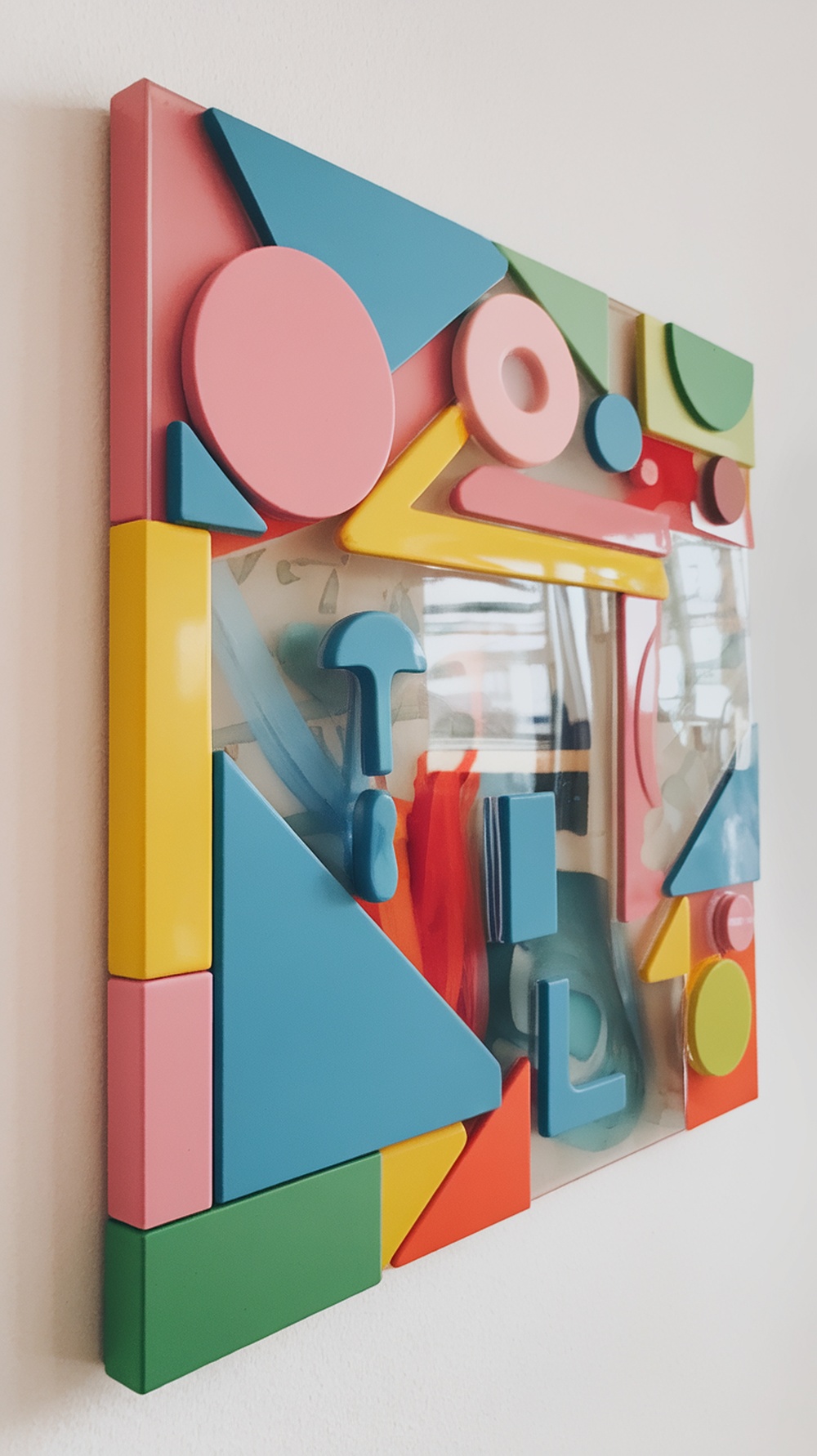 Colorful geometric resin art piece with various shapes