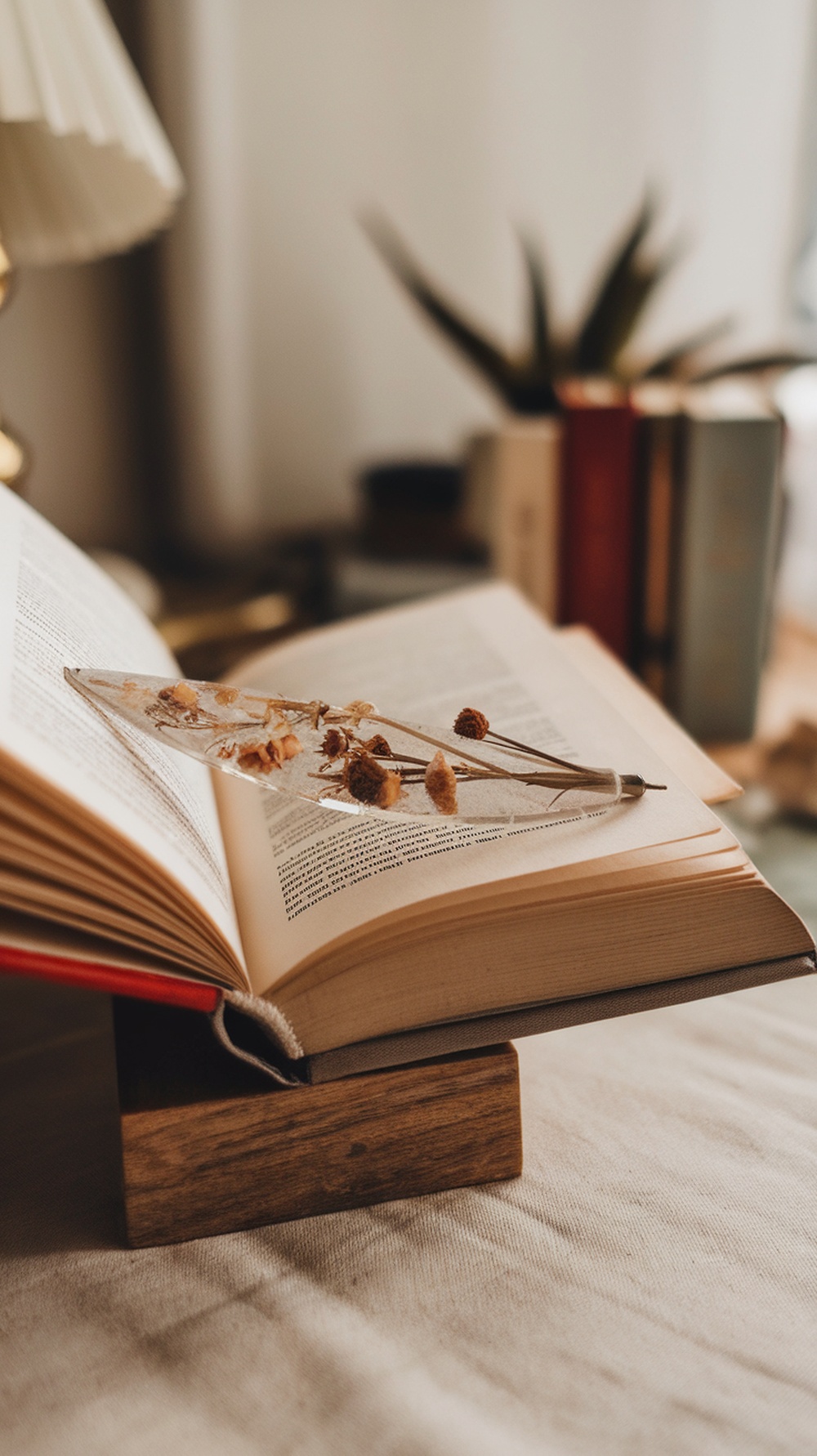 A resin bookmark with dried flowers placed in an open book on a wooden stand.