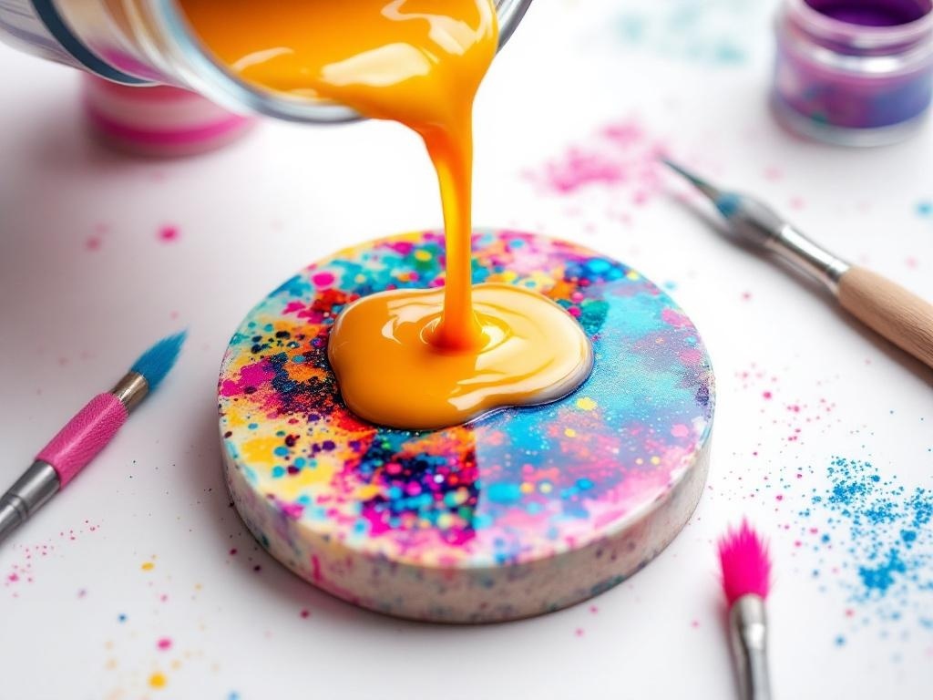 A colorful resin coaster being created with orange resin pouring over a base with glitter and paint.
