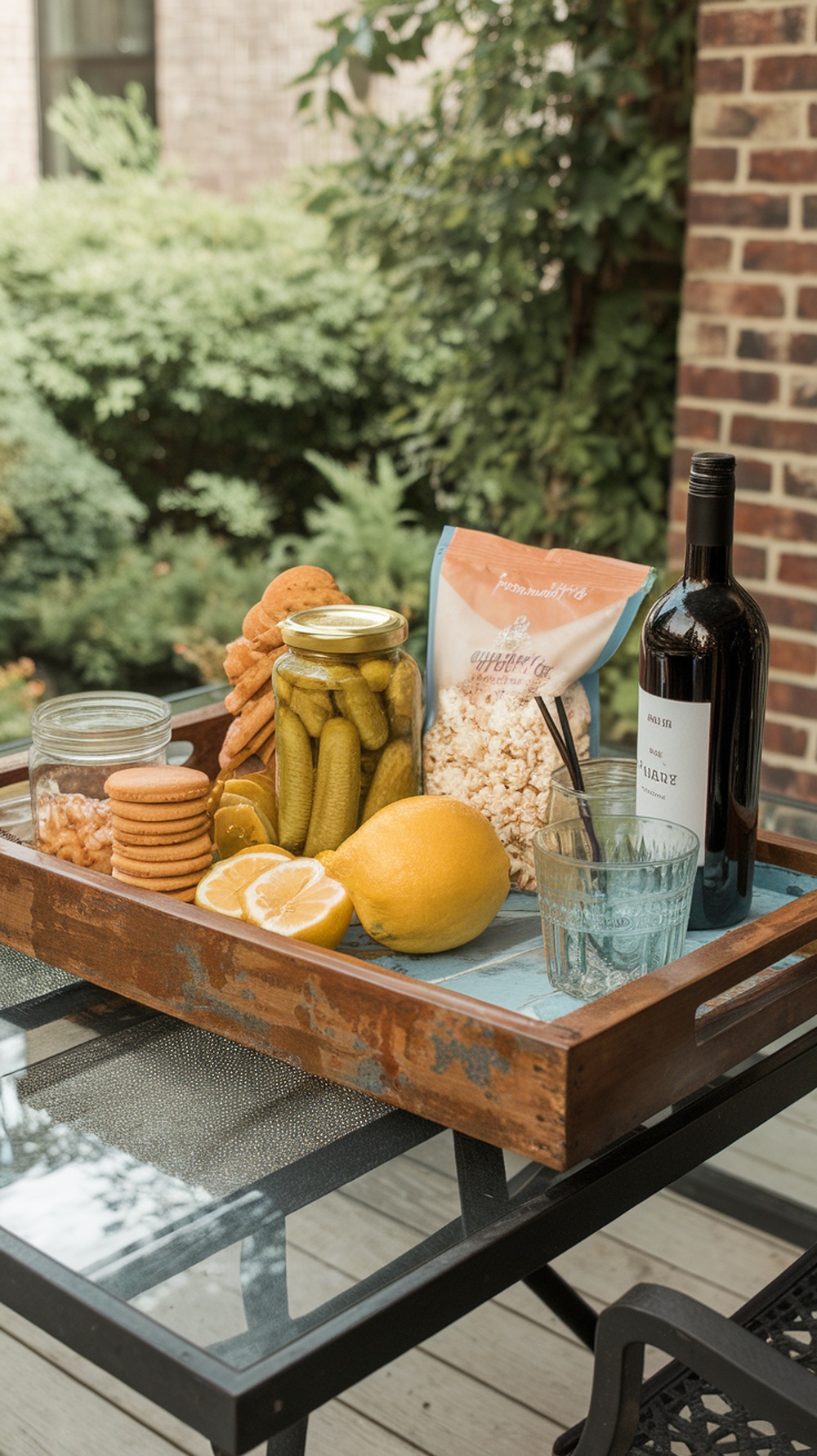 A wooden tray coated with resin, filled with snacks and drinks, set on a table.