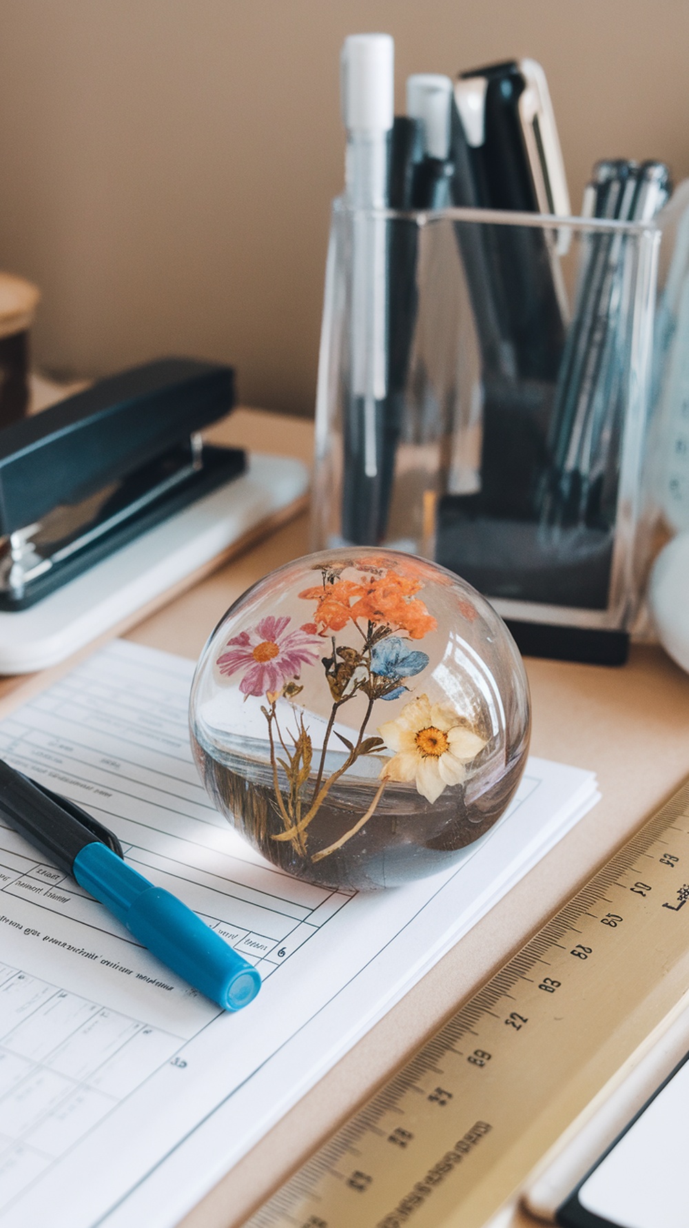A resin flower paperweight with colorful flowers on a desk
