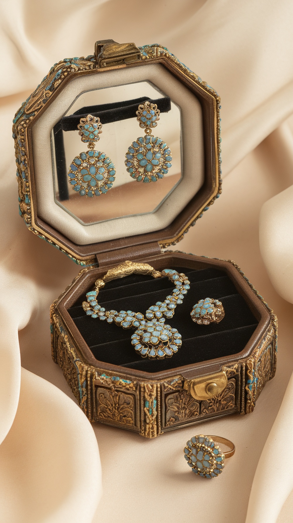 A beautifully crafted jewelry box with turquoise jewelry inside, displayed on a soft fabric background.