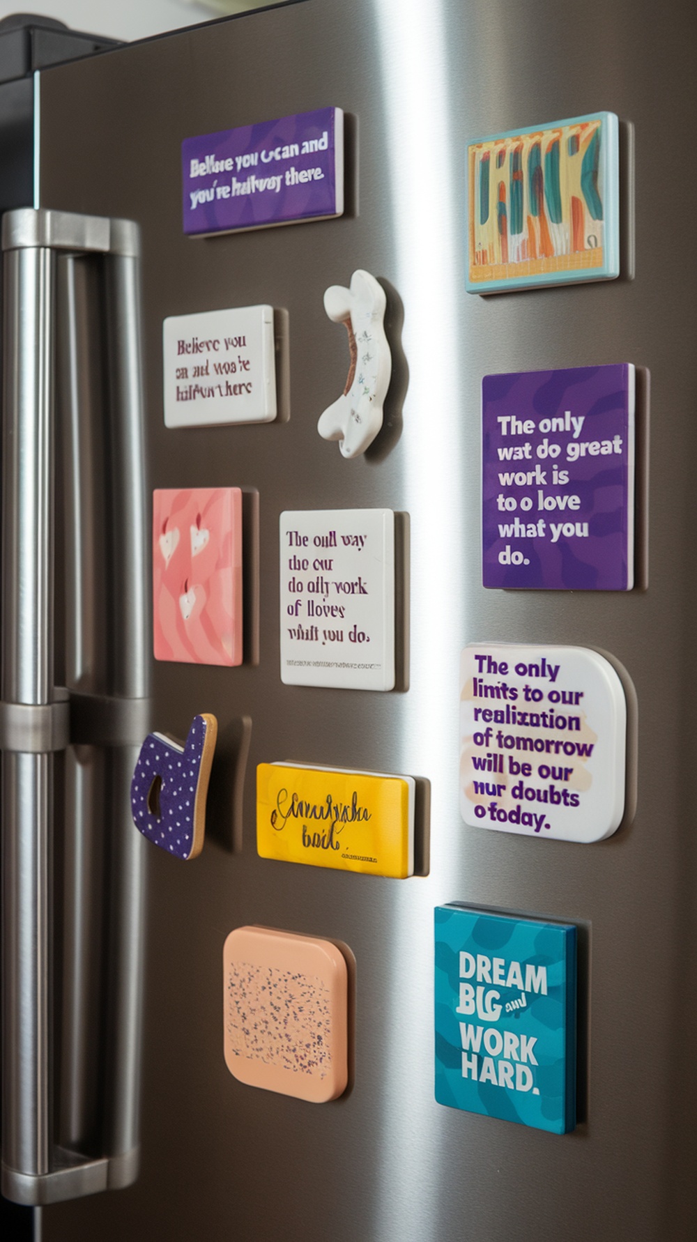 Colorful resin magnets with inspirational quotes on a fridge
